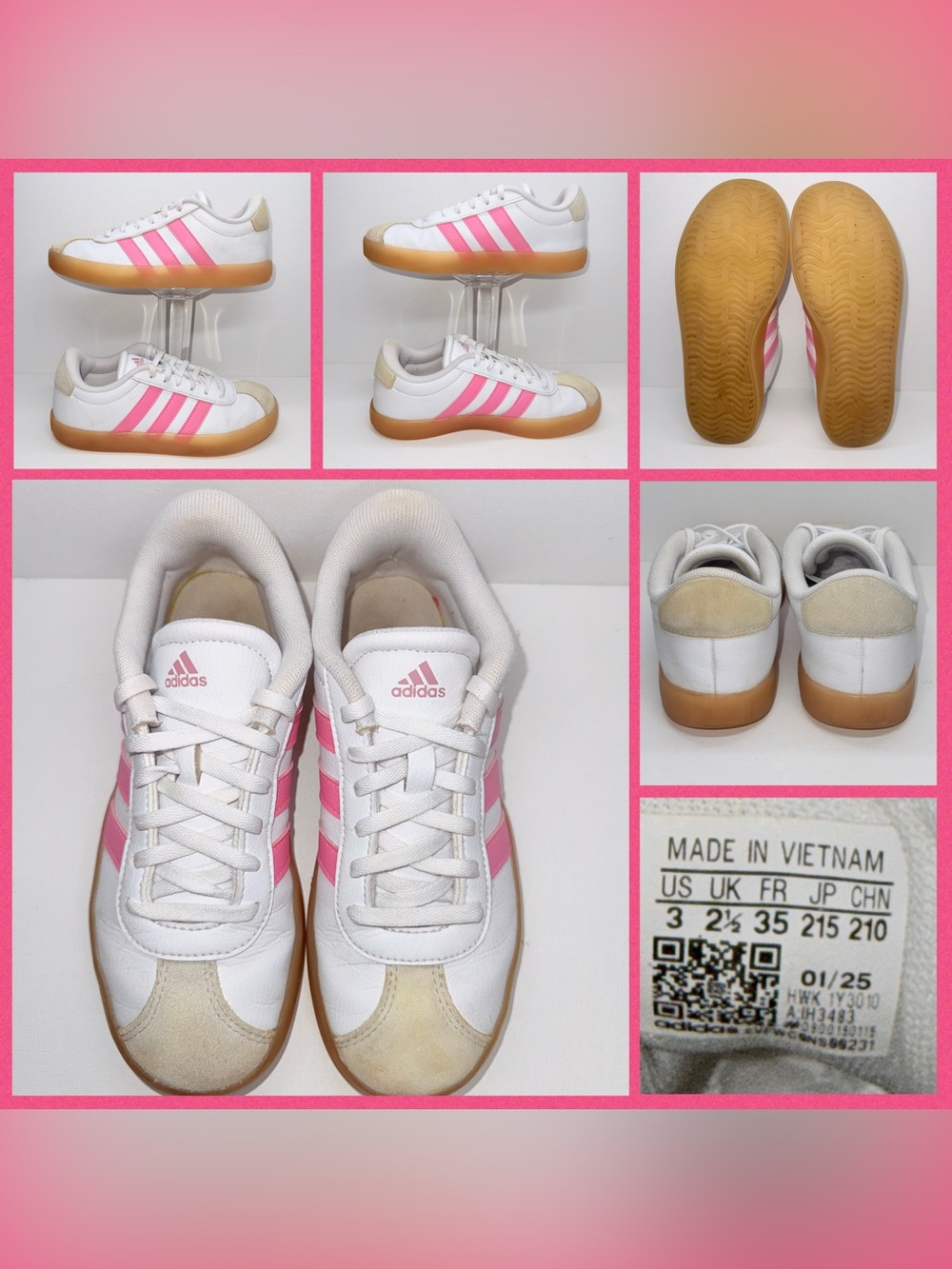 adidas Women’s White Sneakers with Pink Three-Stripes and Gum Sole